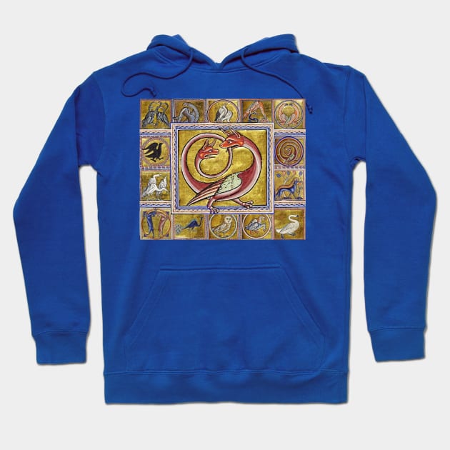 MEDIEVAL BESTIARY,TWO HEADED RED DRAGON, FANTASTIC ANIMALS IN GOLD RED BLUE COLORS Hoodie by BulganLumini